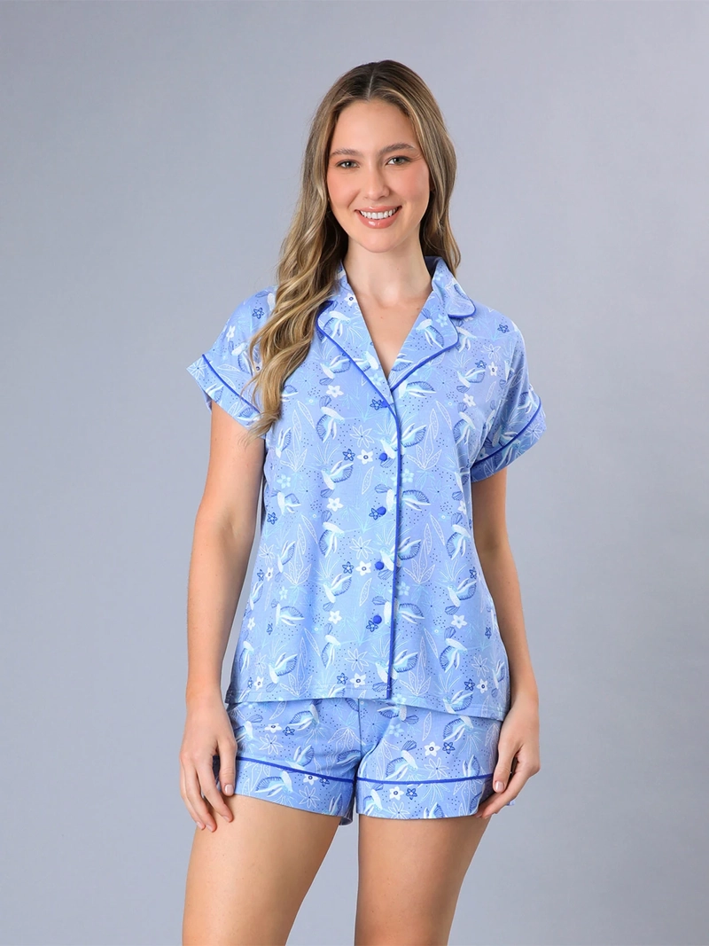 PIJAMA MUJER FLORES ALGODÓN TOP + SHORT CAMISERO EN CAJA - 1