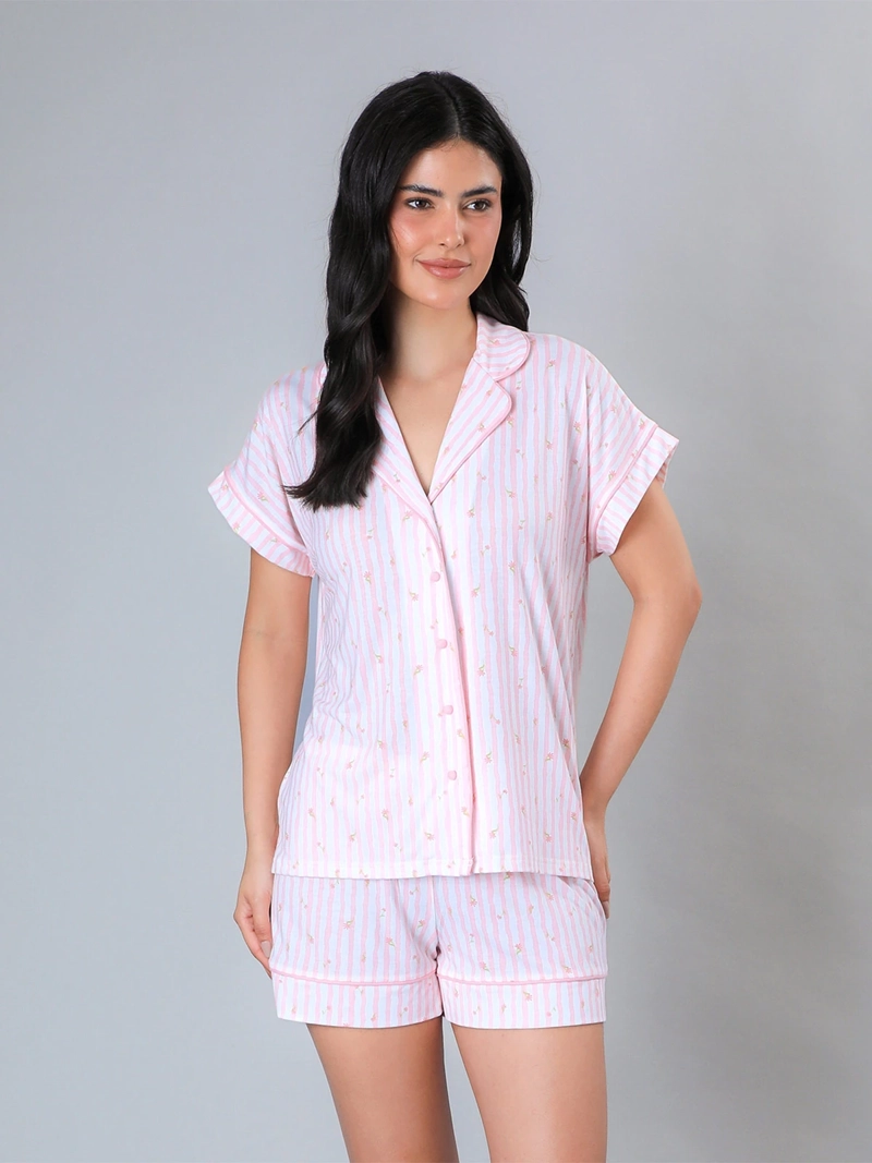 PIJAMA MUJER FLORES ALGODÓN TOP + SHORT CAMISERO EN CAJA - 1