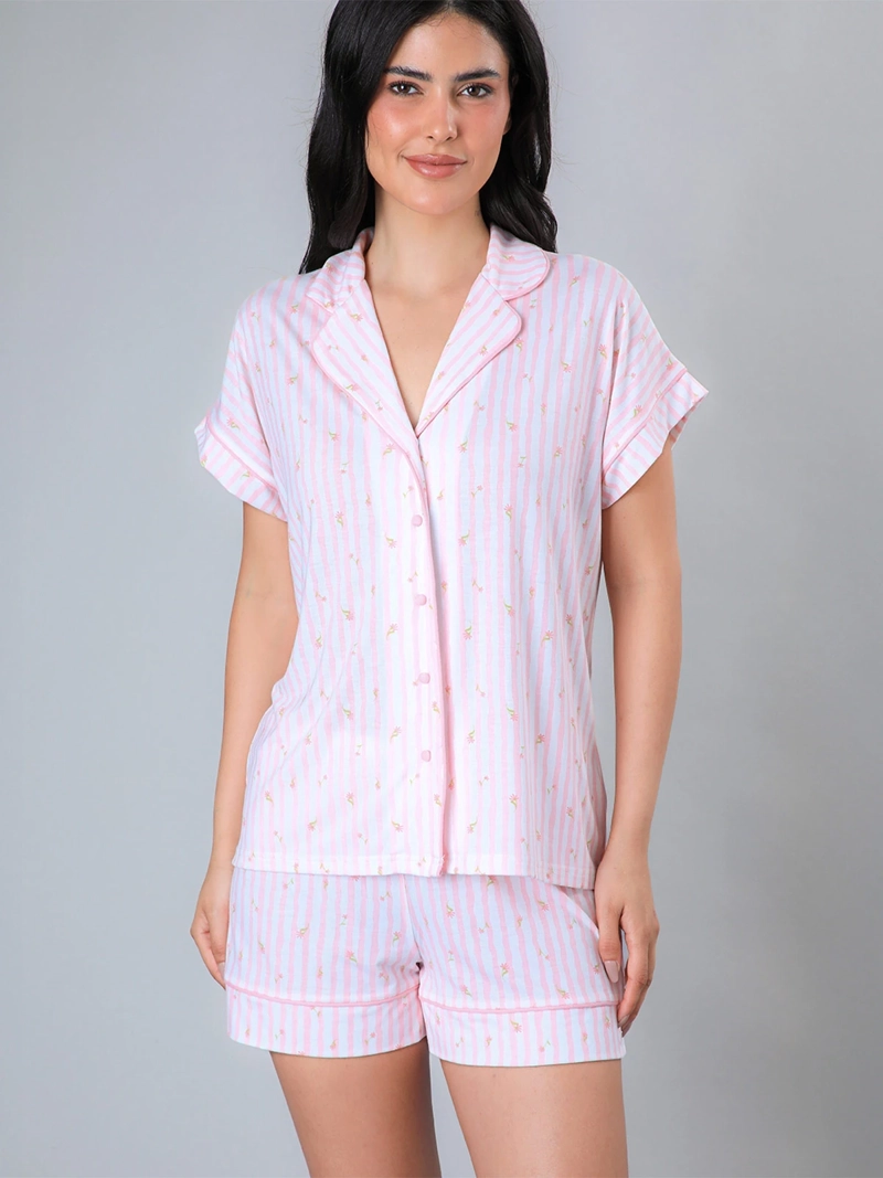 PIJAMA MUJER FLORES ALGODÓN TOP + SHORT CAMISERO EN CAJA - 2