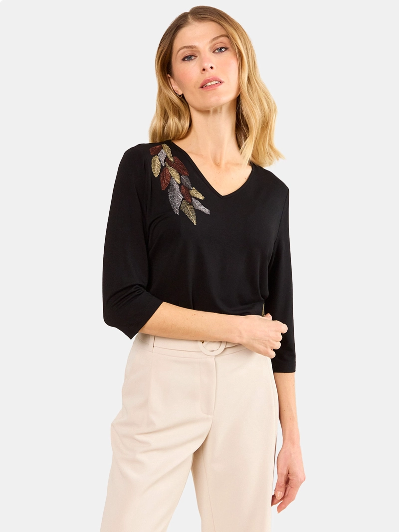 POLERA MUJER MAGRIFFE ESCOTE REDONDO MANGA 3/4 BORDADO