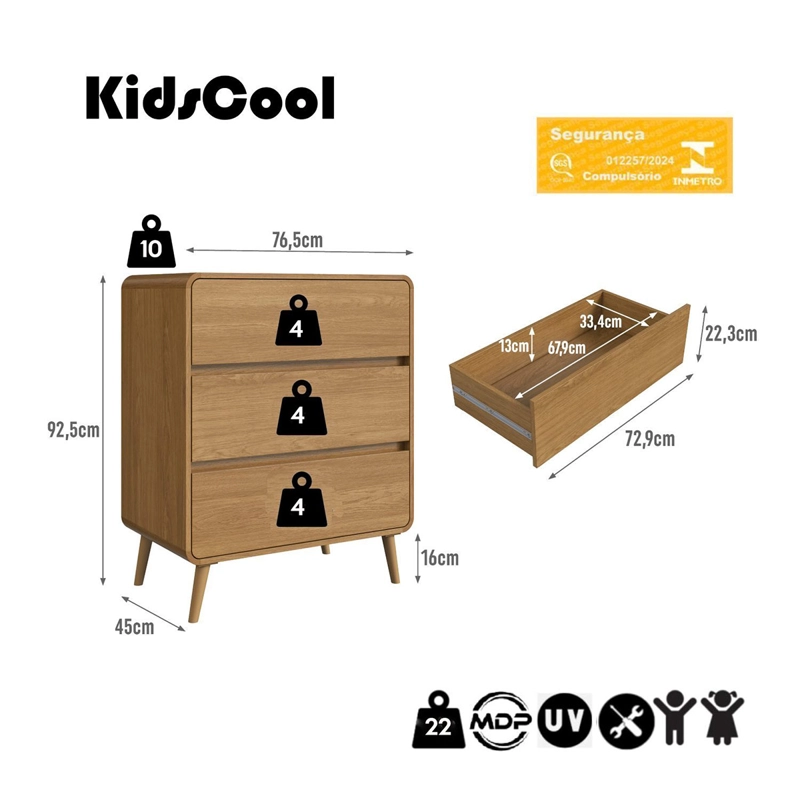 CÓMODA INFANTIL KIDSCOOL RETRO 3 CAJONES ROBLE OSCURO - 6