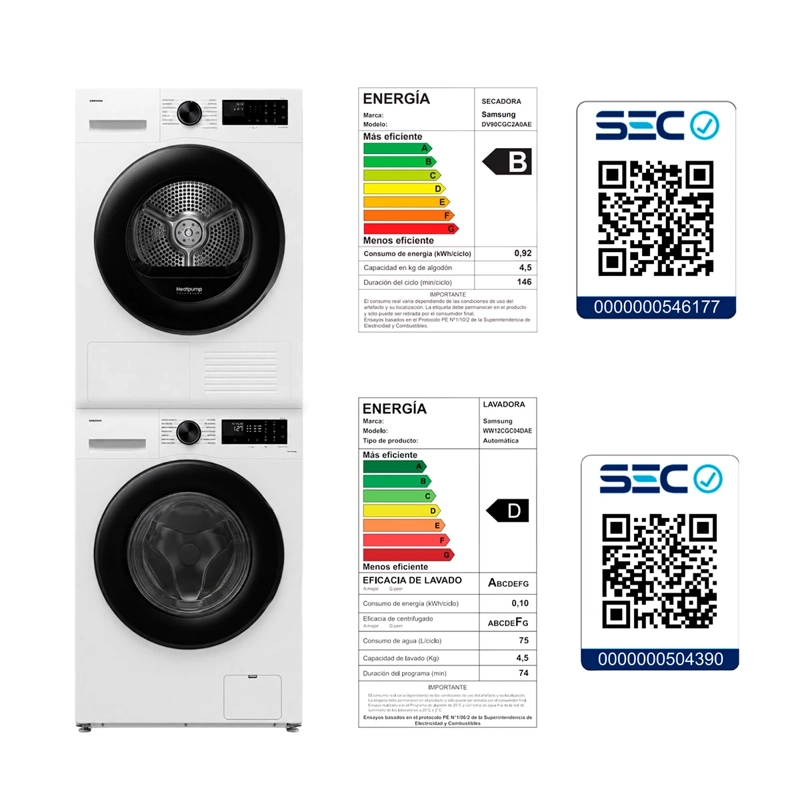 LAVADORA CARGA FRONTAL SAMSUNG WW12CGC04DAEZS 12KG BLANCO + SECADORA DE ROPA BOMBA DE CALOR 9KG + KIT DE APILAMIENTO - 12