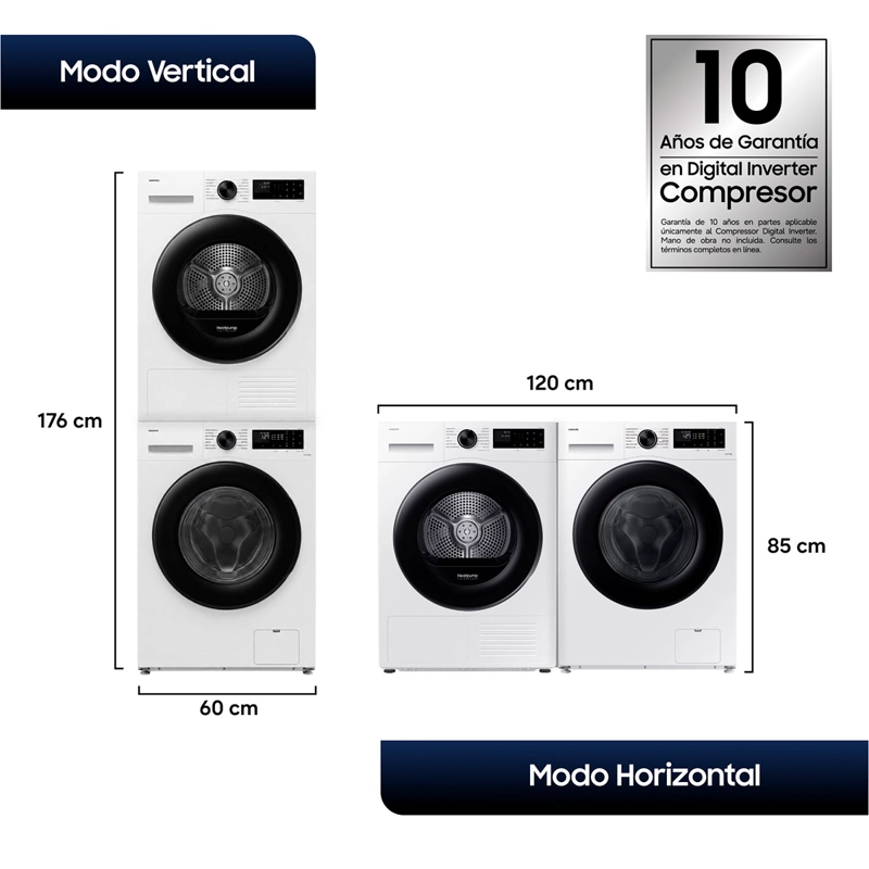LAVADORA CARGA FRONTAL SAMSUNG WW12CGC04DAEZS 12KG BLANCO + SECADORA DE ROPA BOMBA DE CALOR 9KG + KIT DE APILAMIENTO - 3