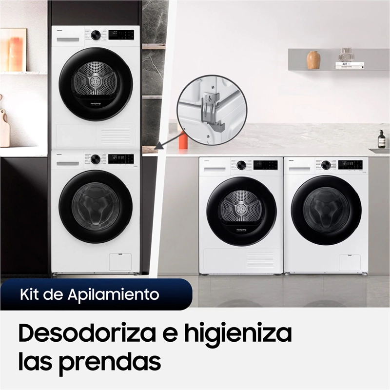 LAVADORA CARGA FRONTAL SAMSUNG WW12CGC04DAEZS 12KG BLANCO + SECADORA DE ROPA BOMBA DE CALOR 9KG + KIT DE APILAMIENTO - 6