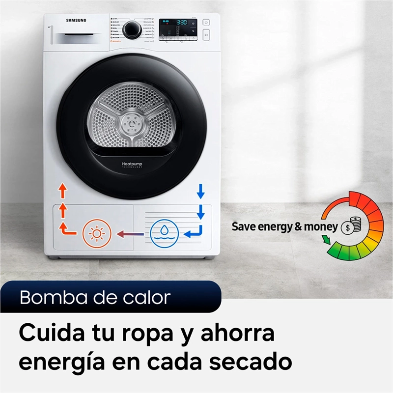 LAVADORA CARGA FRONTAL SAMSUNG WW12CGC04DAEZS 12KG BLANCO + SECADORA DE ROPA BOMBA DE CALOR 9KG + KIT DE APILAMIENTO - 9