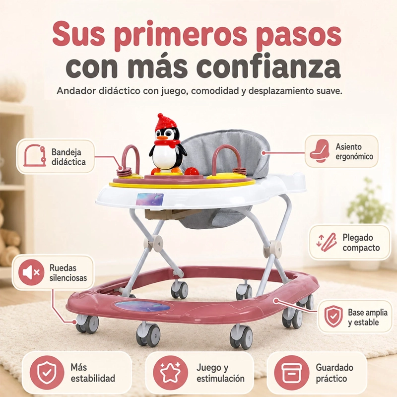 ANDADOR KIDSCOOL PARA BEBÉ PINGÜINO RUEDAS ROSADO - 3