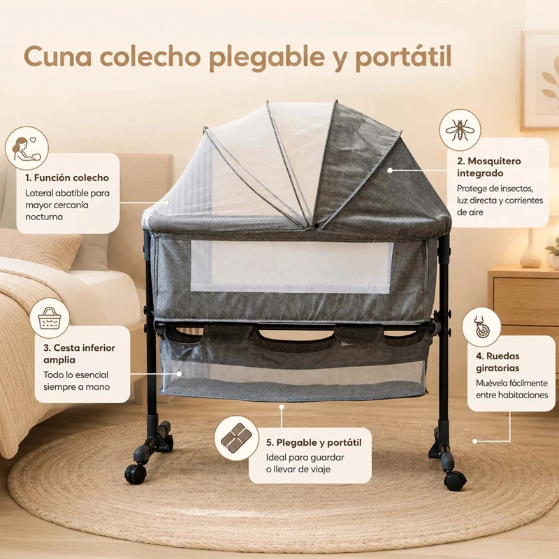 CUNA COLECHO KIDSCOOL COMPACTA PLEGABLE MECEDORA GRIS - 4
