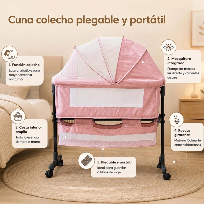 CUNA COLECHO KIDSCOOL COMPACTA PLEGABLE MECEDORA ROSADO - 4