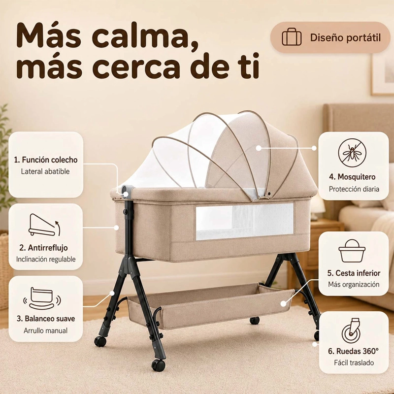 CUNA COLECHO KIDSCOOL PLEGABLE ANTIRREFLUJO Y BALANCEO CAQUI - 5