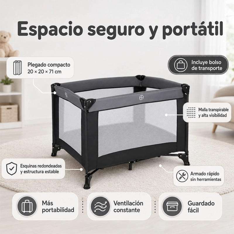 CUNA CORRAL KIDSCOOL PLEGABLE Y PORTÁTIL NEGRO - 2