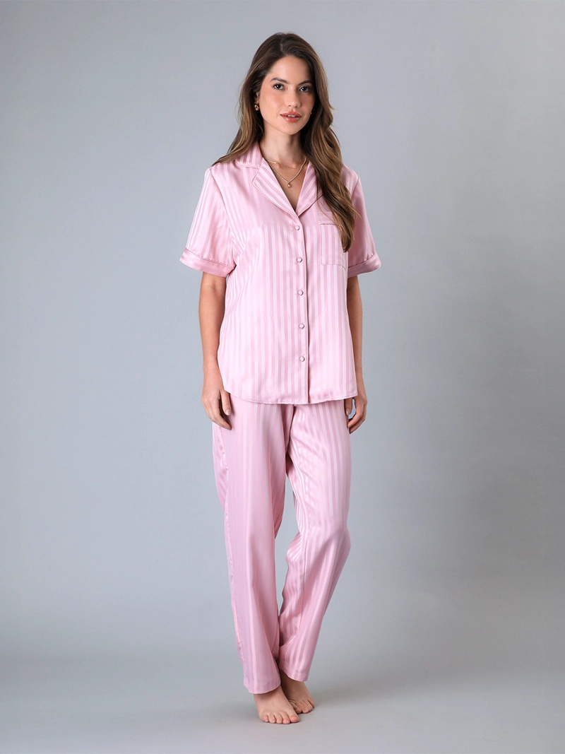 PIJAMA MUJER FLORES CAMISERO + PANTALÓN SATÍN JACQUARD
