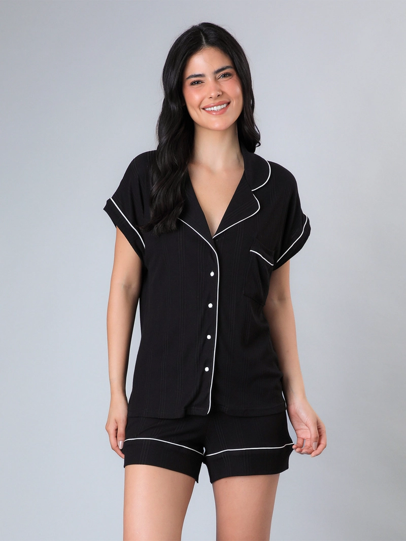 PIJAMA MUJER FLORES ALGODÓN TOP CAMISERO + SHORT TEXTURA