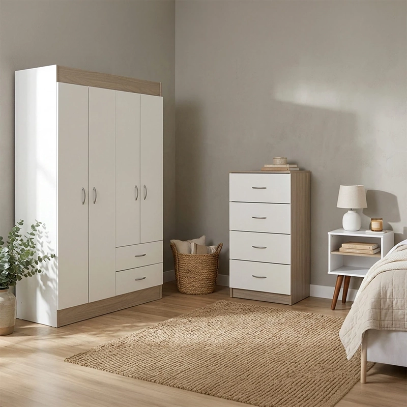 SET MUEBLES CIC CLOSET 4 PUERTAS 2 CAJONES + VELADOR + CÓMODA 4 CAJONES BICOLOR
