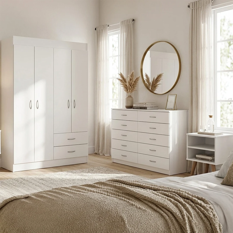 SET MUEBLES CIC CLOSET 4 PUERTAS 2 CAJONES + 2 VELADORES + CÓMODA 10 CAJONES BLANCO