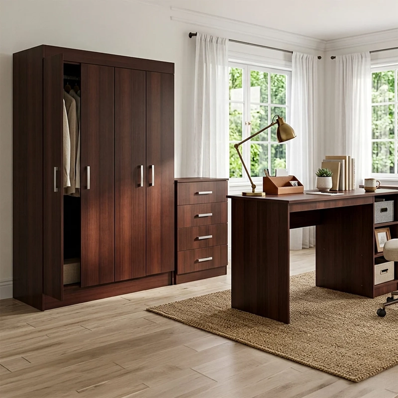 SET MUEBLES CIC CLOSET BAGUA + CÓMODA FENIX + ESCRITORIO CHOCOLATE