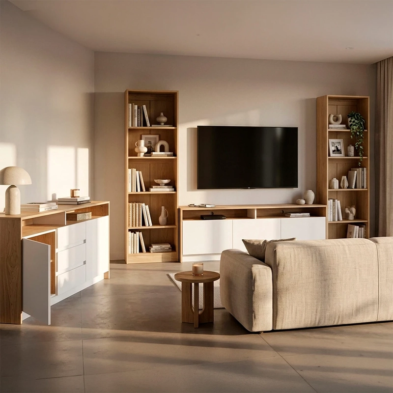 SET MUEBLES CIC BUFFET + RACK 1 CAJONES 2 PUERTAS COLBÚN + LIBRERO CAFÉ