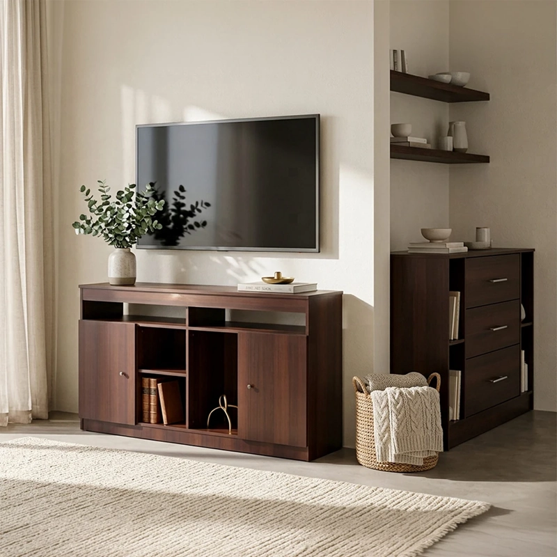 SET MUEBLES CIC RACK MURILLO + CÓMODA RIGEL CHOCOLATE