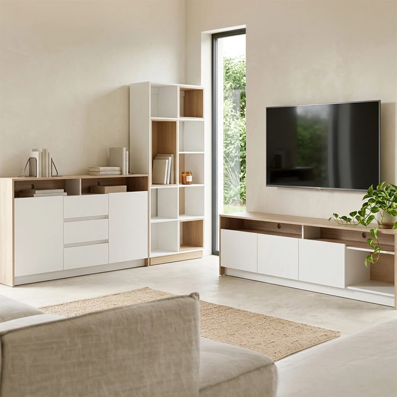 SET MUEBLES CIC BUFFET + RACK 2 CAJONES 2 PUERTAS COLBÚN + LIBRERO BARCELONA CAFÉ