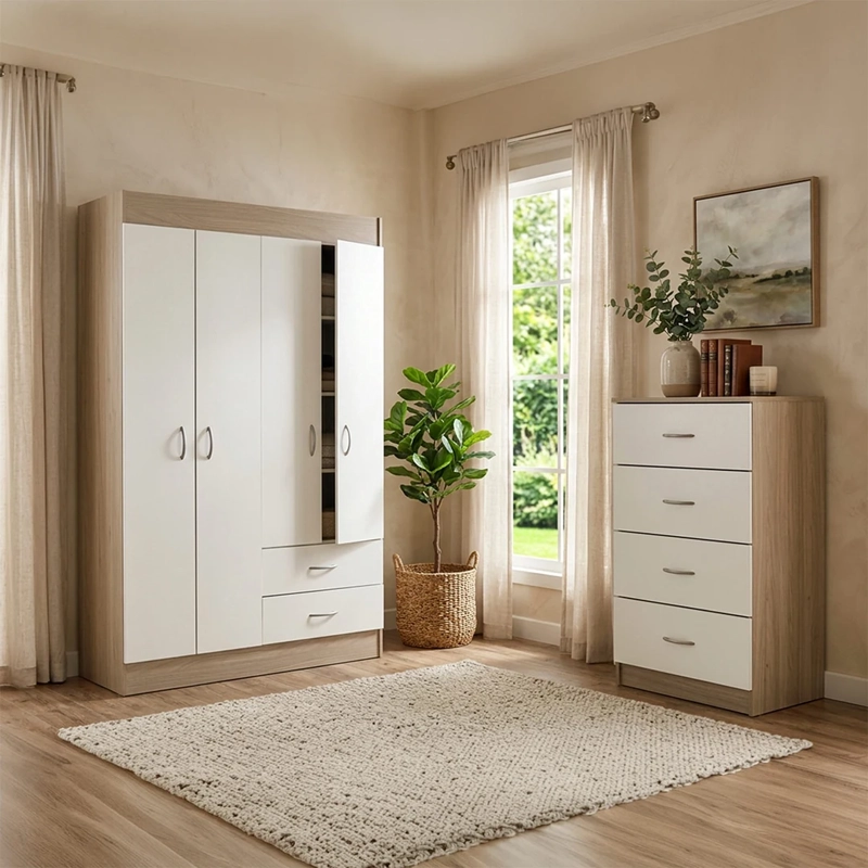 SET MUEBLES CIC CLOSET 4 PUERTAS 2 CAJONES + CÓMODA 4 CAJONES BICOLOR