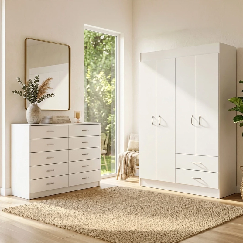 SET MUEBLES CIC CLOSET 4 PUERTAS 2 CAJONES + CÓMODA 10 CAJONES BLANCO