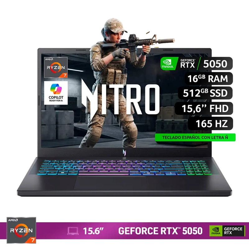 NOTEBOOK ACER NITRO V ANV15-A31-R88H-2 AMD RYZEN 7 16GB RAM 512GB SSD NVIDIA RTX 5050 15.6”