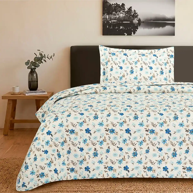 QUILT ANDES ESTAMPADO FLOR 1.5 PLAZAS AZUL - 1