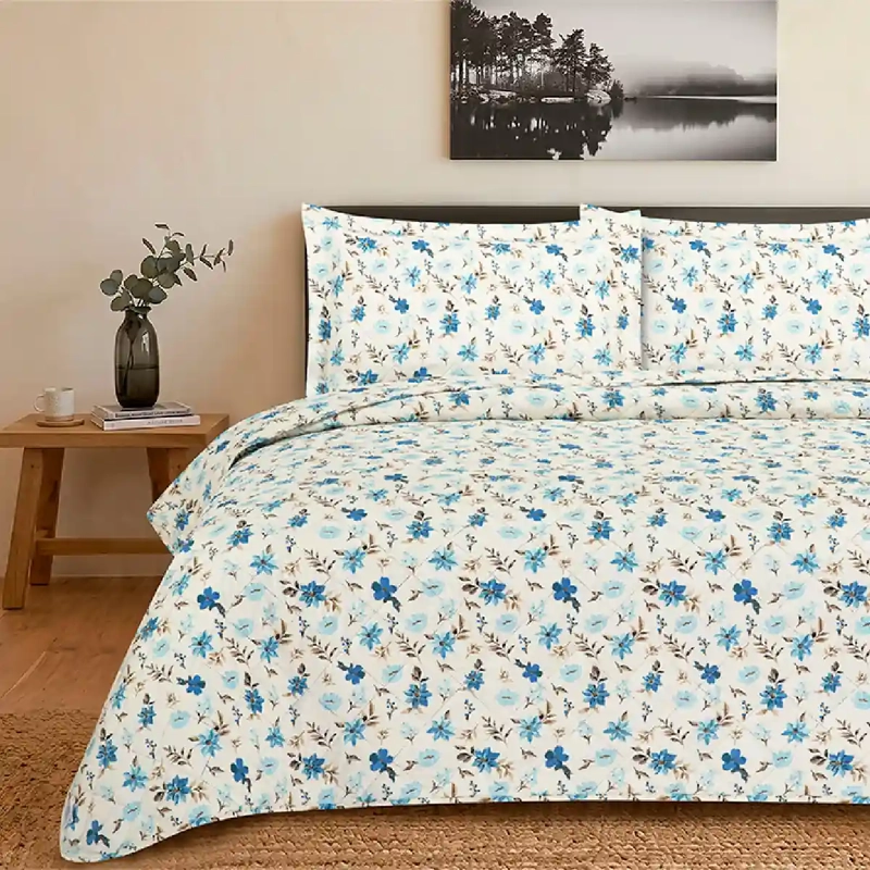 QUILT ANDES ESTAMPADO FLOR 2 PLAZAS AZUL - 1