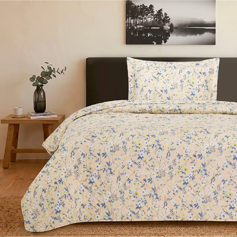 QUILT ANDES ESTAMPADO FLOR 1.5 PLAZAS BEIGE - 1