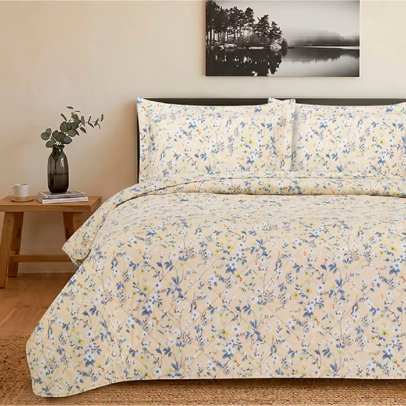 QUILT ANDES ESTAMPADO FLOR 2 PLAZAS BEIGE - 1