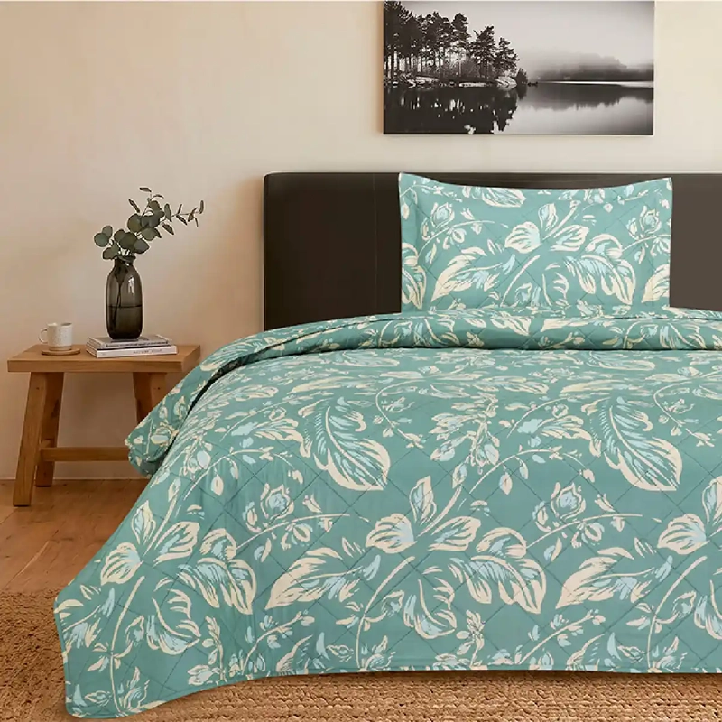 QUILT ANDES ESTAMPADO HOJAS 1.5 PLAZAS AQUA - 1