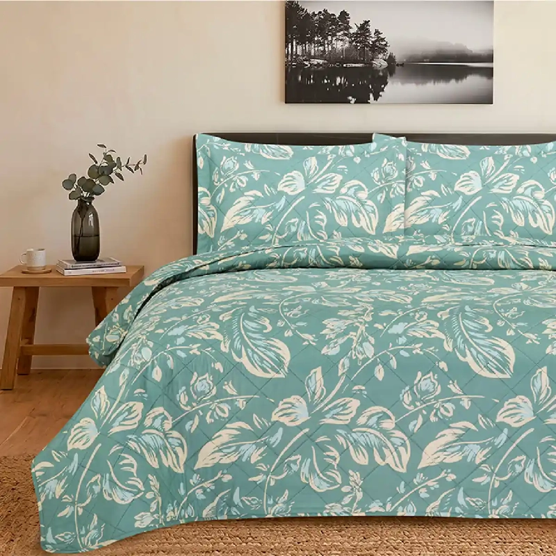 QUILT ANDES ESTAMPADO HOJAS 2 PLAZAS AQUA - 1