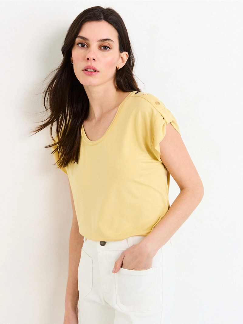 POLERA MUJER ASH ESCOTE REDONDO MANGA CORTA RECOGIDA