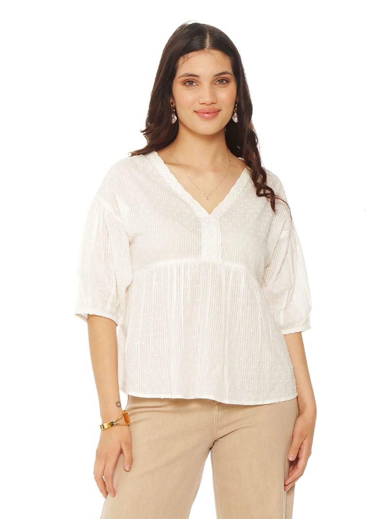 BLUSA MUJER WADOS ALGODÓN ESCOTE EN V MANGA CORTA - 1