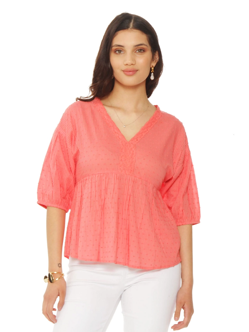 BLUSA MUJER WADOS ALGODÓN ESCOTE EN V MANGA CORTA
