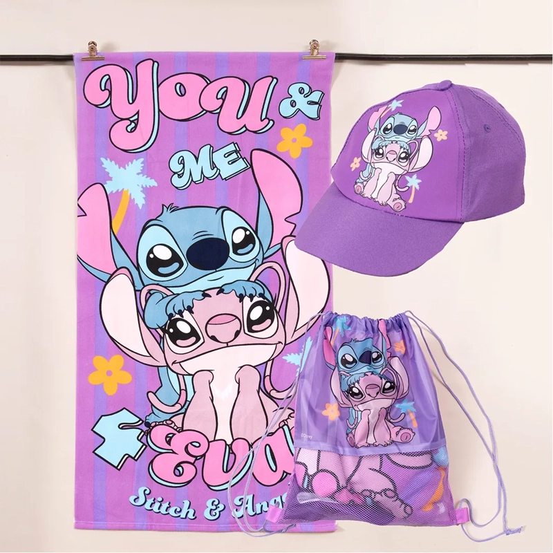 TOALLA DE PLAYA DISNEY STITCH & ANGEL + JOCKEY + BOLSO MORADO - 1