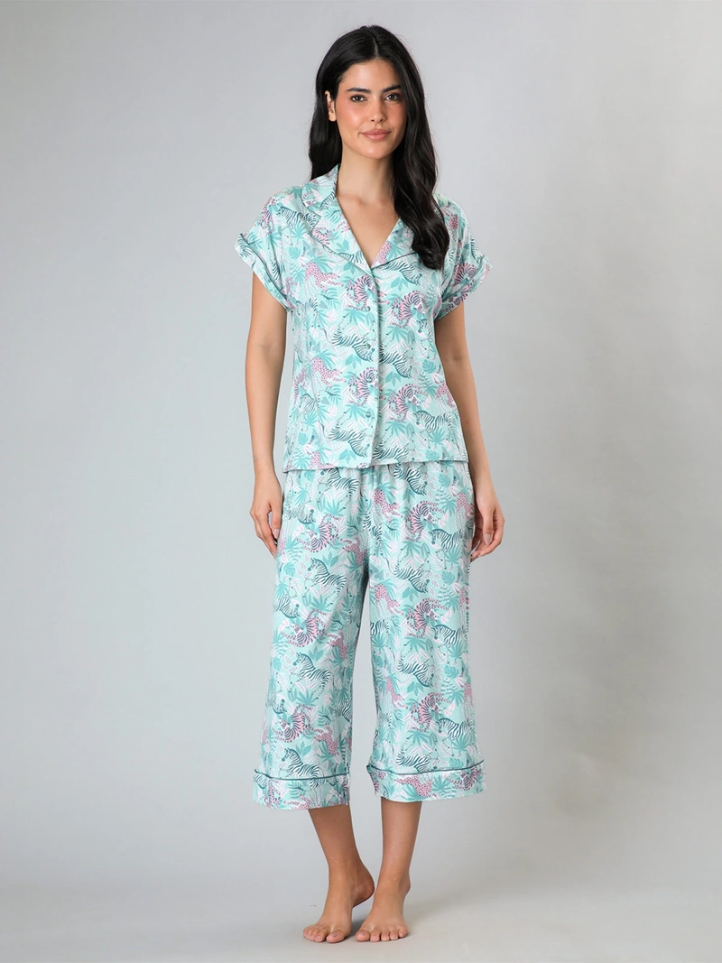 PIJAMA MUJER FLORES ALGODÓN TOP CAMISERO + CAPRI PALAZZO