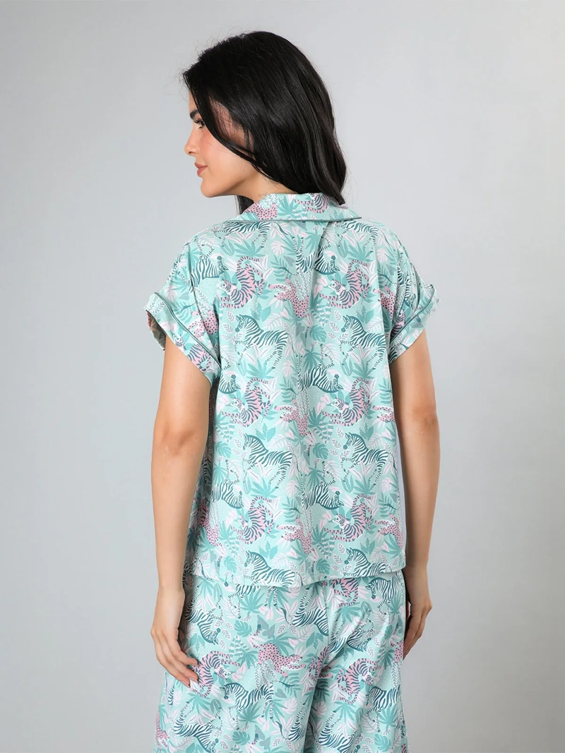 PIJAMA MUJER FLORES ALGODÓN TOP CAMISERO + CAPRI PALAZZO - 3
