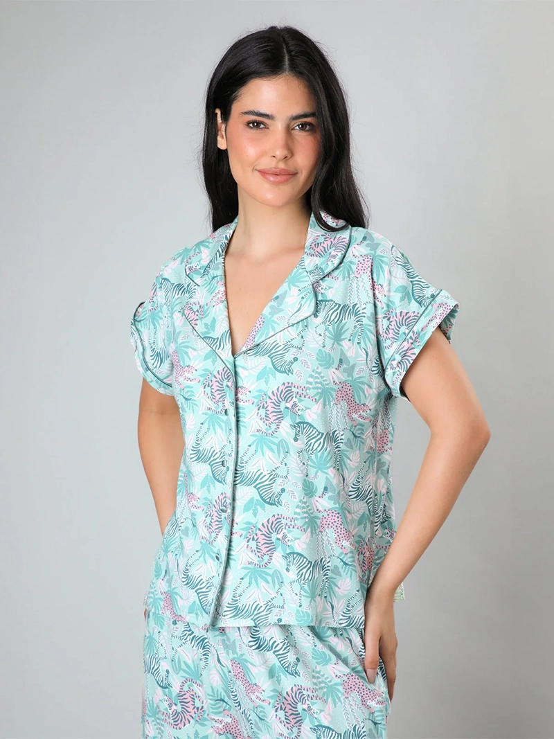 PIJAMA MUJER FLORES ALGODÓN TOP CAMISERO + CAPRI PALAZZO - 2