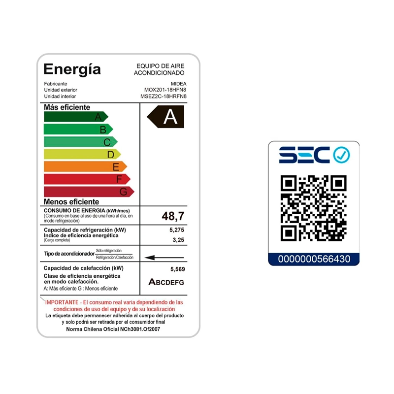 AIRE ACONDICIONADO SPLIT MIDEA INVERTER ECOMASTER 18000 BTU - 14