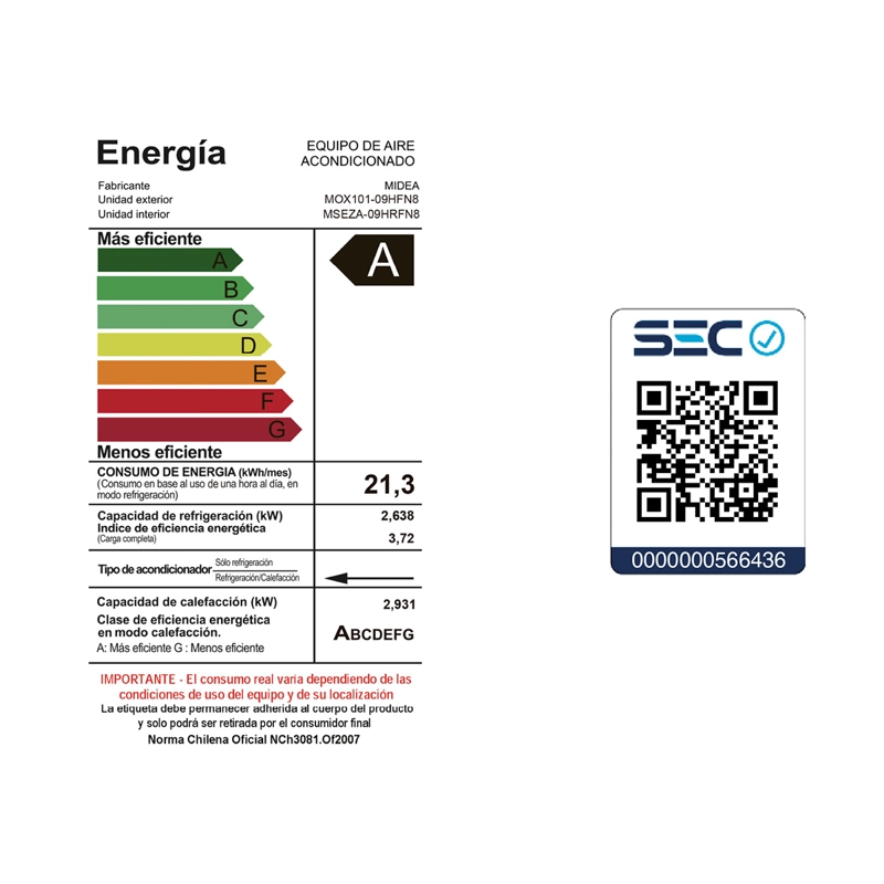 AIRE ACONDICIONADO SPLIT MIDEA INVERTER ECOMASTER 9000 BTU - 14