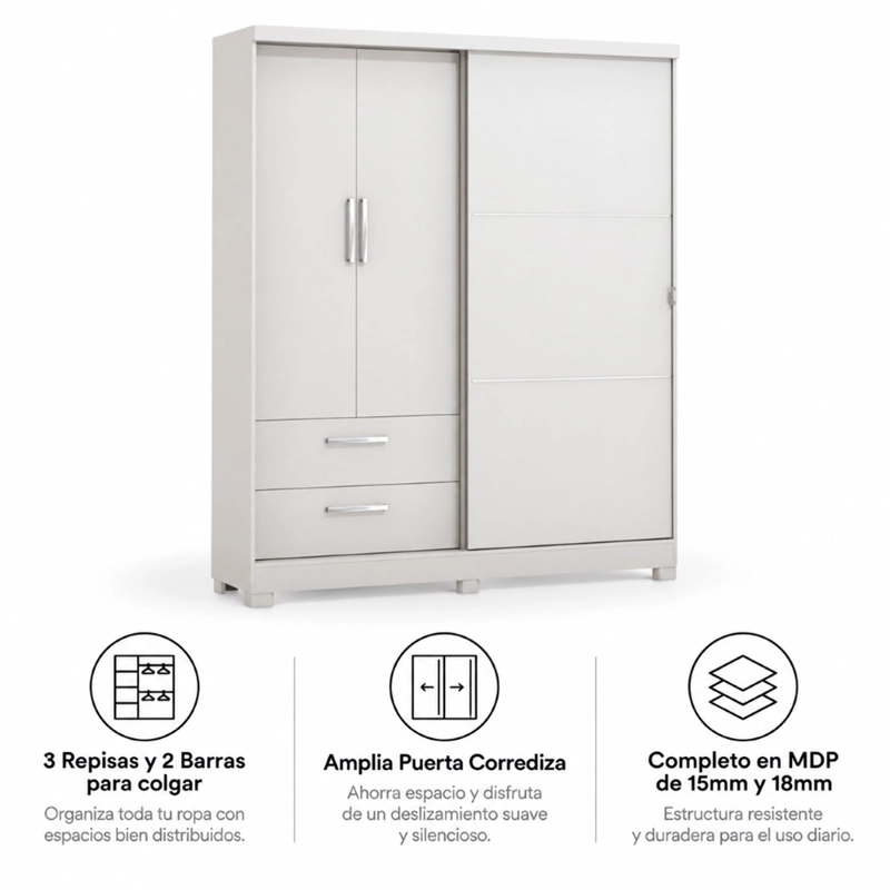 CLOSET ROCA OLIVEIRA 3 PUERTAS 2 CAJONES BLANCO - 6