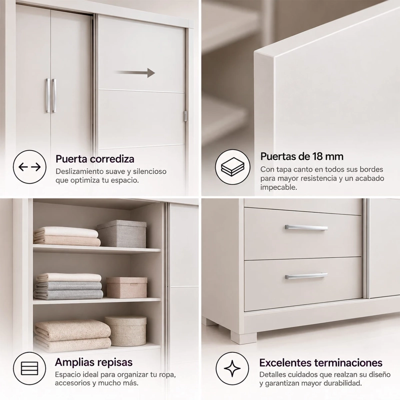 CLOSET ROCA OLIVEIRA 3 PUERTAS 2 CAJONES BLANCO - 7