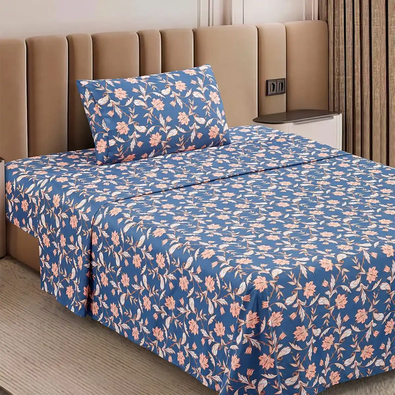 JUEGO DE SÁBANAS ANDES MICROFIBRA ESTAMAPADO 1.5 PLAZAS FLOR AZUL