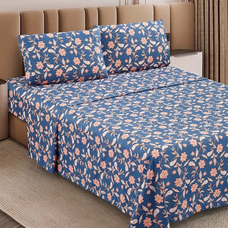 JUEGO DE SÁBANAS ANDES MICROFIBRA ESTAMAPADO 2 PLAZAS FLOR AZUL